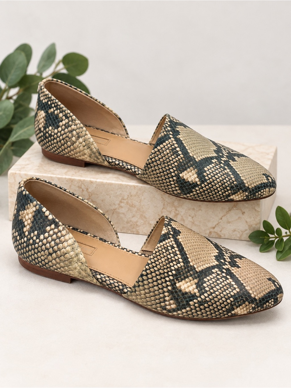 Antonio Melani Leather Snakeskin D'Orsay Flats 8M Python Printed Pointed Slip On